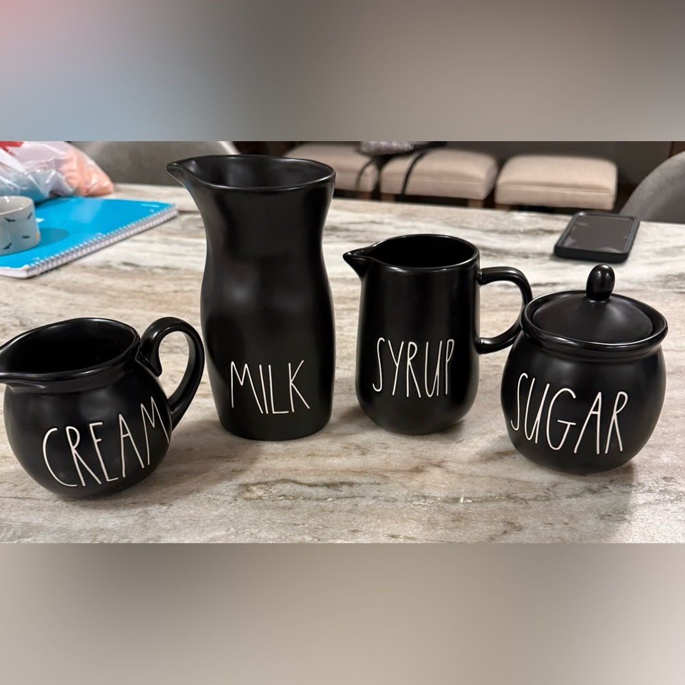 Rae Dunn Black Cream, Milk, Syrup, Sugar Set